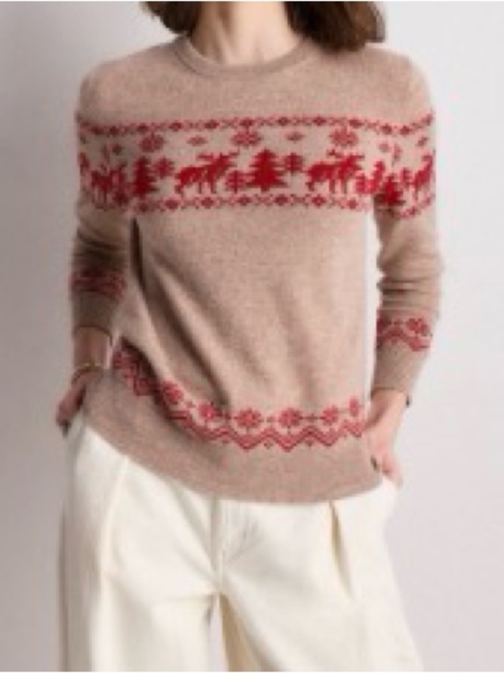 Quince Beige Crewneck Sweater with Red Fair Isle Motif